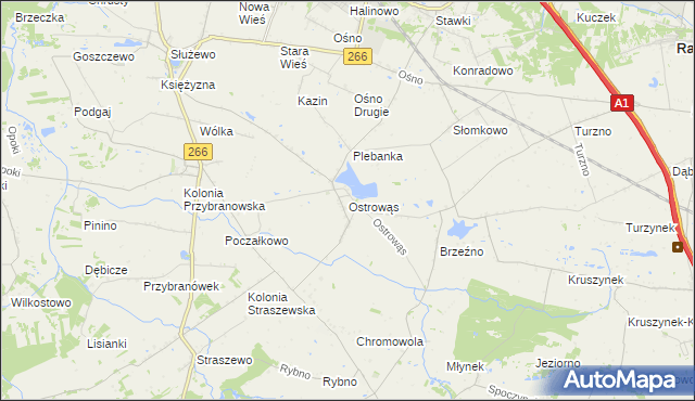 mapa Ostrowąs gmina Aleksandrów Kujawski, Ostrowąs gmina Aleksandrów Kujawski na mapie Targeo