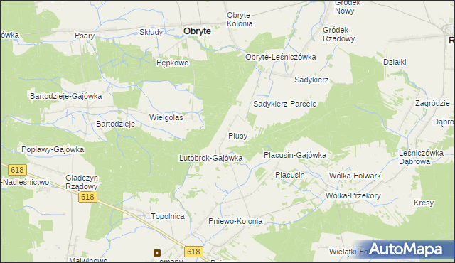 mapa Płusy gmina Obryte, Płusy gmina Obryte na mapie Targeo