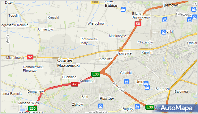 mapa Bronisze gmina Ożarów Mazowiecki, Bronisze gmina Ożarów Mazowiecki na mapie Targeo