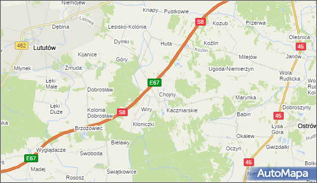 mapa Chojny gmina Lututów, Chojny gmina Lututów na mapie Targeo