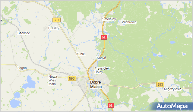 mapa Kosyń gmina Dobre Miasto, Kosyń gmina Dobre Miasto na mapie Targeo