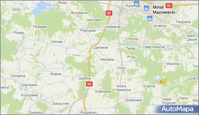 mapa Maliszew gmina Mińsk Mazowiecki, Maliszew gmina Mińsk Mazowiecki na mapie Targeo