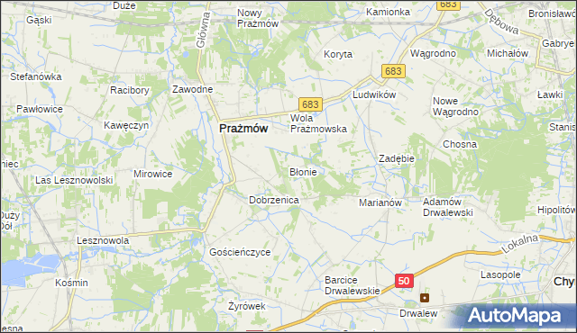 mapa Błonie gmina Prażmów, Błonie gmina Prażmów na mapie Targeo