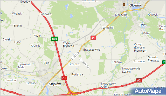 mapa Bratoszewice, Bratoszewice na mapie Targeo