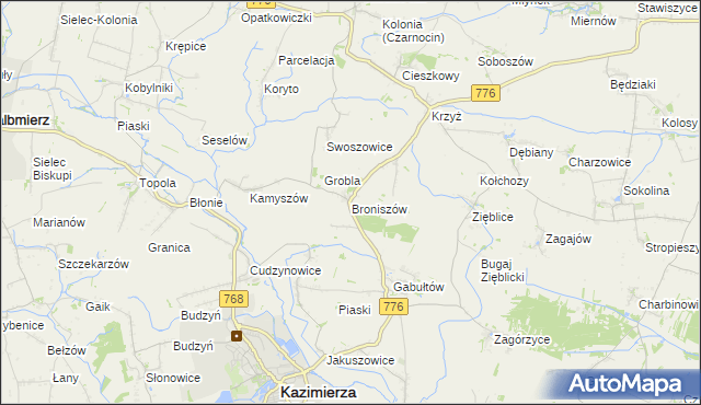 mapa Broniszów gmina Kazimierza Wielka, Broniszów gmina Kazimierza Wielka na mapie Targeo