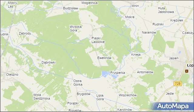 mapa Ewelinów gmina Łopuszno, Ewelinów gmina Łopuszno na mapie Targeo
