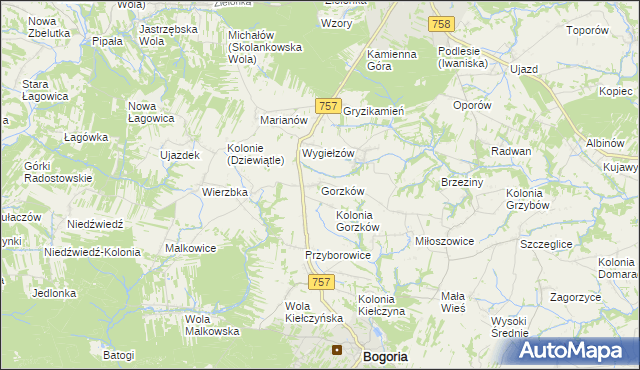 mapa Gorzków gmina Bogoria, Gorzków gmina Bogoria na mapie Targeo