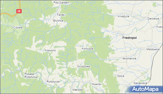 mapa Koniusza gmina Fredropol, Koniusza gmina Fredropol na mapie Targeo