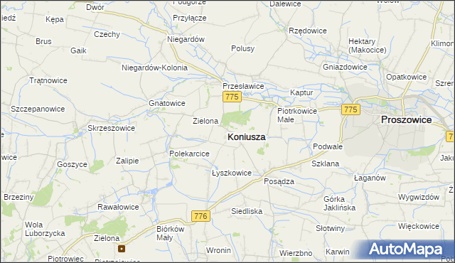 mapa Koniusza powiat proszowicki, Koniusza powiat proszowicki na mapie Targeo
