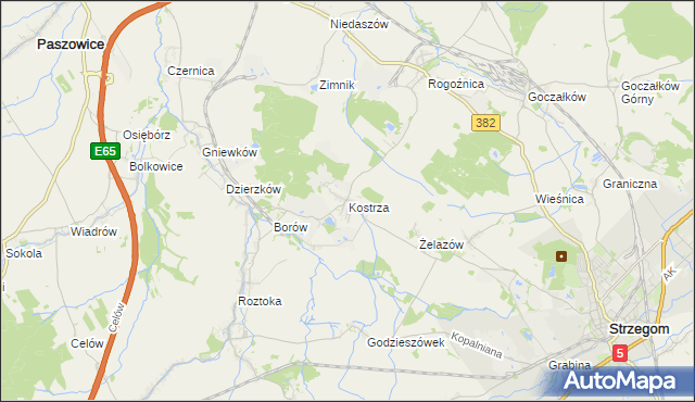 mapa Kostrza gmina Strzegom, Kostrza gmina Strzegom na mapie Targeo