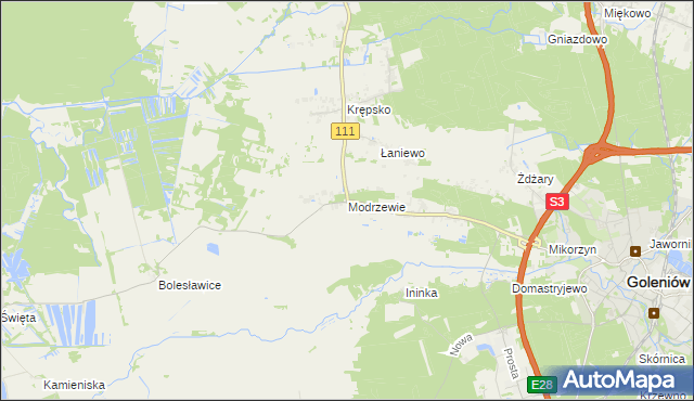 mapa Modrzewie gmina Goleniów, Modrzewie gmina Goleniów na mapie Targeo