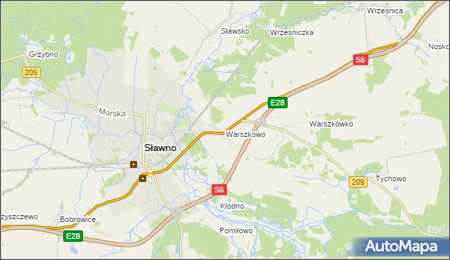 mapa Warszkowo gmina Sławno, Warszkowo gmina Sławno na mapie Targeo