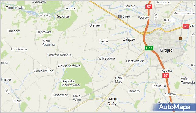 mapa Wilczogóra gmina Belsk Duży, Wilczogóra gmina Belsk Duży na mapie Targeo