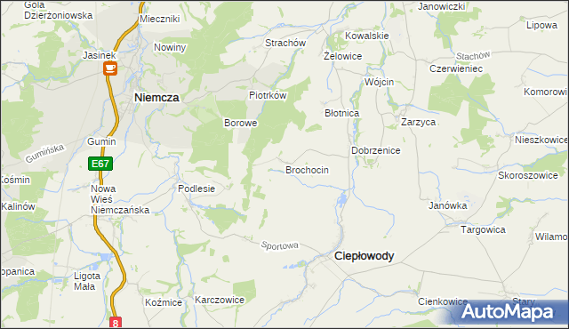 mapa Brochocin gmina Ciepłowody, Brochocin gmina Ciepłowody na mapie Targeo