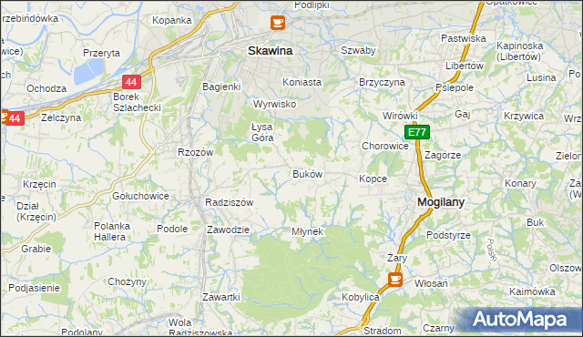 mapa Buków gmina Mogilany, Buków gmina Mogilany na mapie Targeo