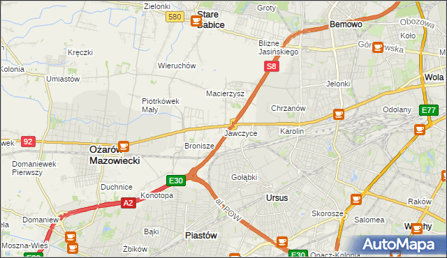 mapa Jawczyce gmina Ożarów Mazowiecki, Jawczyce gmina Ożarów Mazowiecki na mapie Targeo