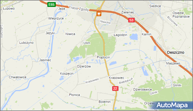 mapa Prądocin gmina Deszczno, Prądocin gmina Deszczno na mapie Targeo