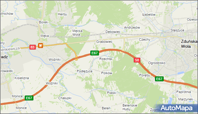 mapa Rzechta gmina Sieradz, Rzechta gmina Sieradz na mapie Targeo