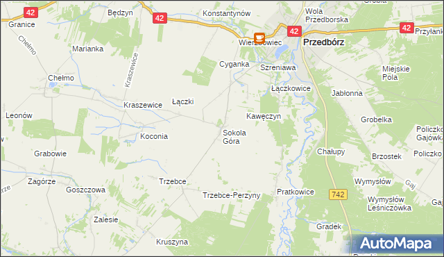 mapa Sokola Góra gmina Wielgomłyny, Sokola Góra gmina Wielgomłyny na mapie Targeo