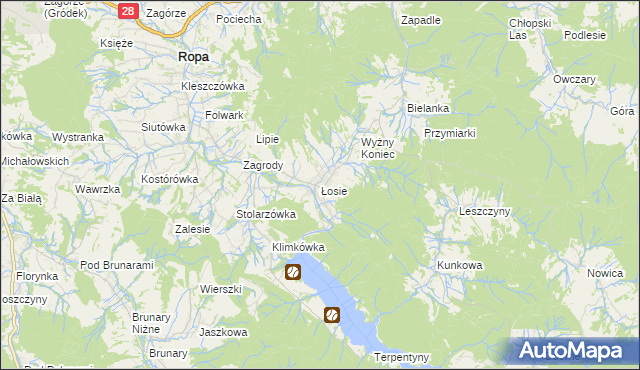 mapa Łosie gmina Ropa, Łosie gmina Ropa na mapie Targeo