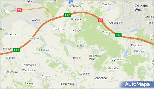 mapa Piaski gmina Zduńska Wola, Piaski gmina Zduńska Wola na mapie Targeo