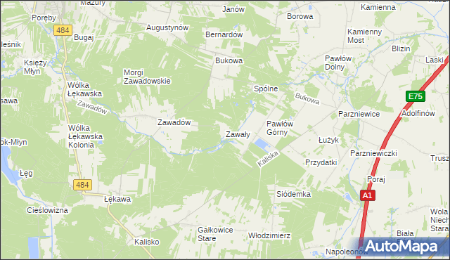 mapa Zawały gmina Bełchatów, Zawały gmina Bełchatów na mapie Targeo