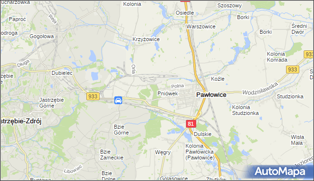 mapa Pniówek gmina Pawłowice, Pniówek gmina Pawłowice na mapie Targeo