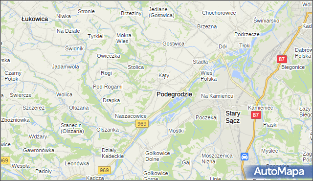 mapa Podegrodzie powiat nowosądecki, Podegrodzie powiat nowosądecki na mapie Targeo
