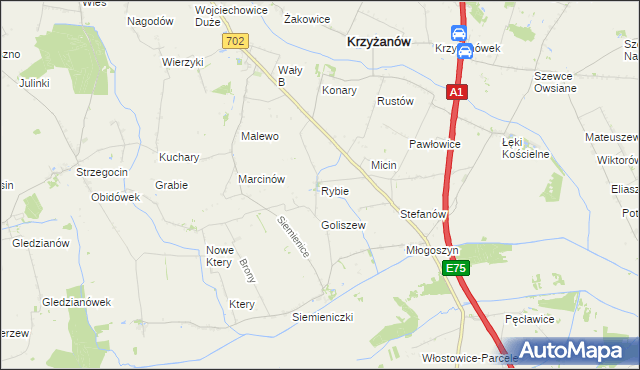 mapa Rybie gmina Krzyżanów, Rybie gmina Krzyżanów na mapie Targeo