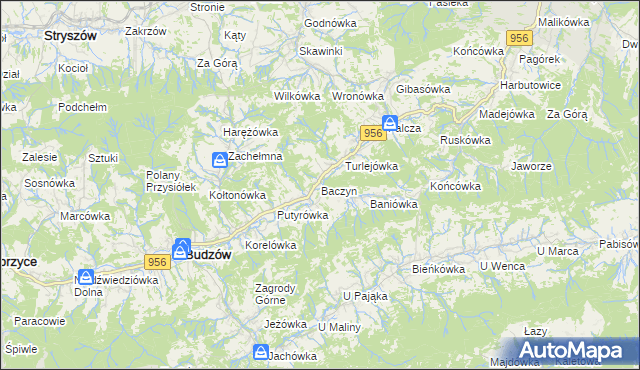 mapa Baczyn gmina Budzów, Baczyn gmina Budzów na mapie Targeo