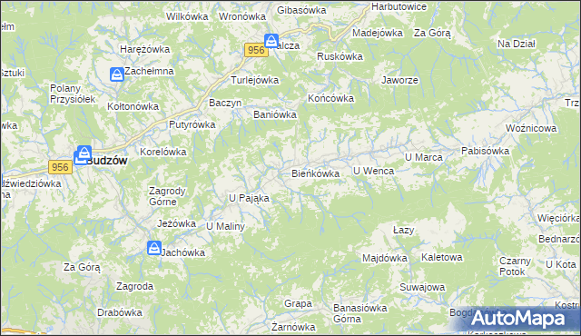 mapa Bieńkówka gmina Budzów, Bieńkówka gmina Budzów na mapie Targeo