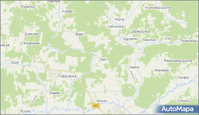mapa Saki gmina Narew, Saki gmina Narew na mapie Targeo