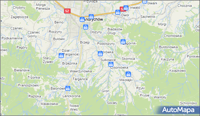 mapa Sułkowice gmina Andrychów, Sułkowice gmina Andrychów na mapie Targeo