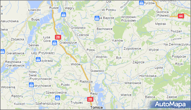 mapa Woźniki gmina Tomice, Woźniki gmina Tomice na mapie Targeo
