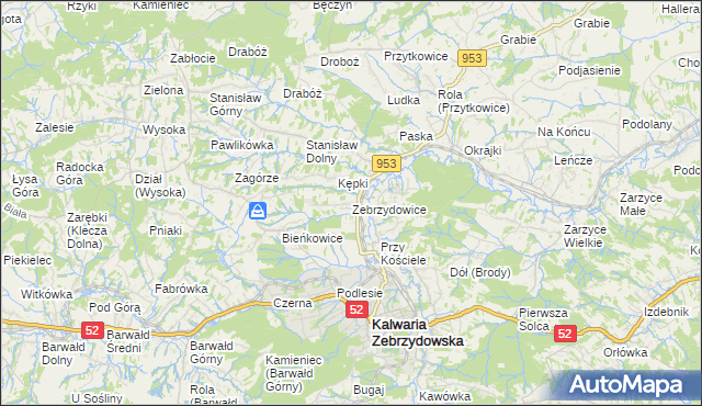 mapa Zebrzydowice gmina Kalwaria Zebrzydowska, Zebrzydowice gmina Kalwaria Zebrzydowska na mapie Targeo