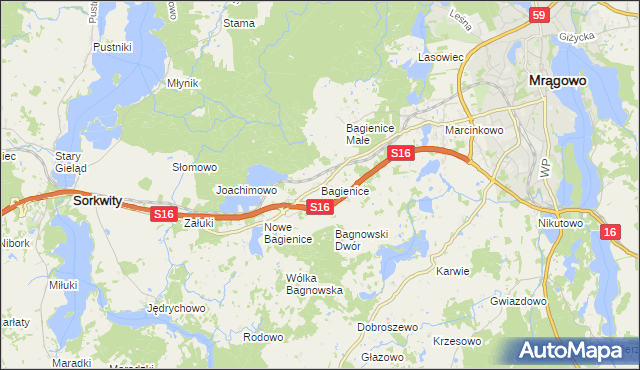 mapa Bagienice gmina Mrągowo, Bagienice gmina Mrągowo na mapie Targeo