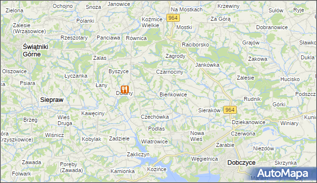 mapa Bieńkowice gmina Dobczyce, Bieńkowice gmina Dobczyce na mapie Targeo