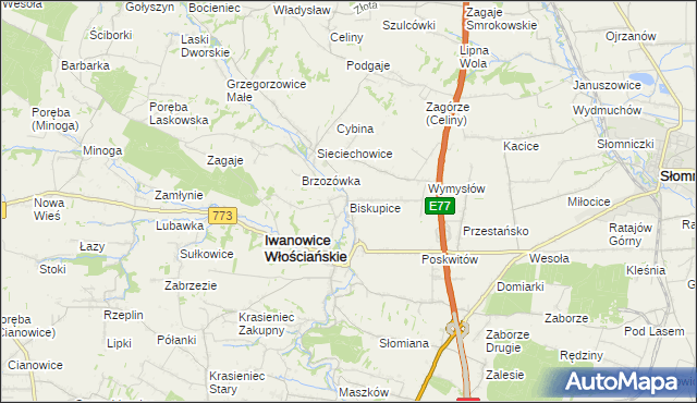 mapa Biskupice gmina Iwanowice, Biskupice gmina Iwanowice na mapie Targeo