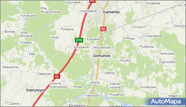 mapa Gomunice, Gomunice na mapie Targeo