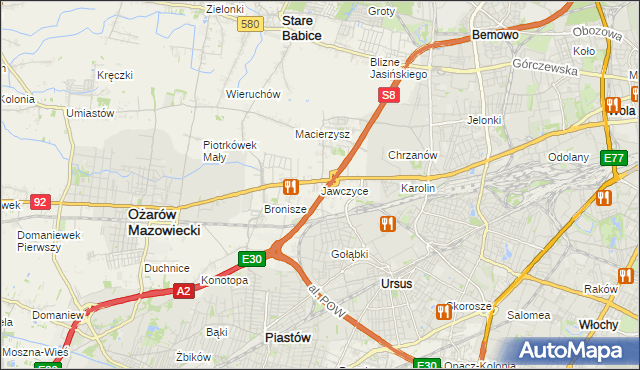 mapa Jawczyce gmina Ożarów Mazowiecki, Jawczyce gmina Ożarów Mazowiecki na mapie Targeo