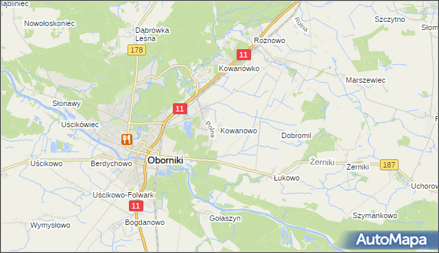 mapa Kowanowo gmina Oborniki, Kowanowo gmina Oborniki na mapie Targeo