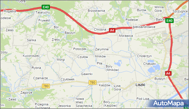 mapa Mników gmina Liszki, Mników gmina Liszki na mapie Targeo