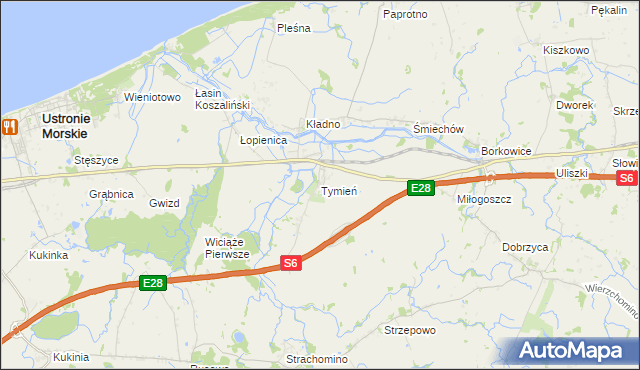 mapa Tymień gmina Będzino, Tymień gmina Będzino na mapie Targeo