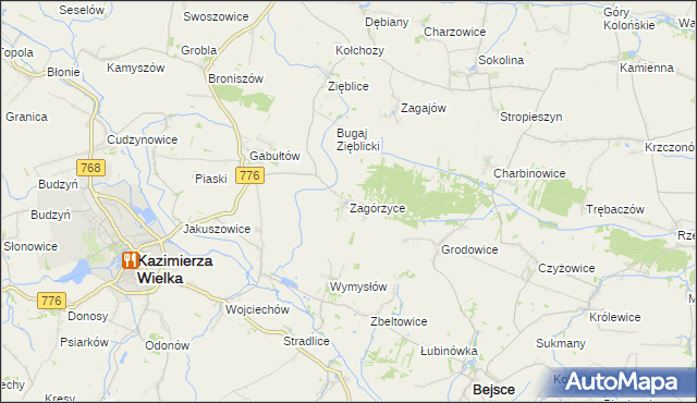 mapa Zagórzyce gmina Kazimierza Wielka, Zagórzyce gmina Kazimierza Wielka na mapie Targeo