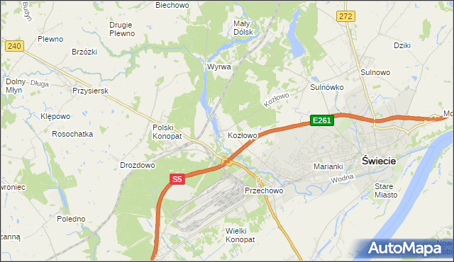 mapa Kozłowo gmina Świecie, Kozłowo gmina Świecie na mapie Targeo