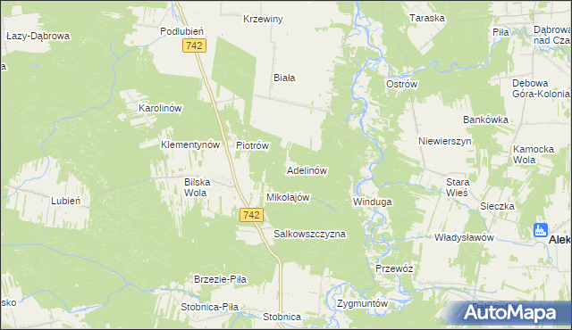 mapa Adelinów gmina Sulejów, Adelinów gmina Sulejów na mapie Targeo