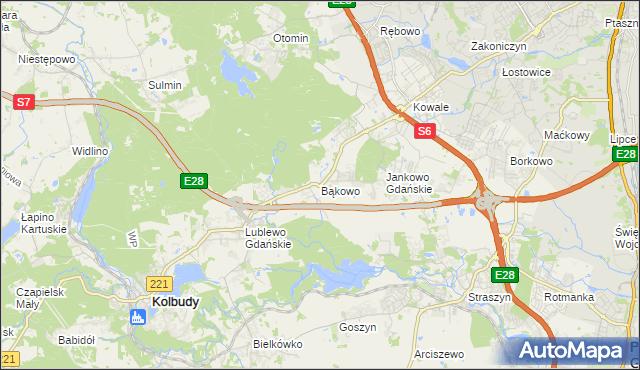 mapa Bąkowo gmina Kolbudy, Bąkowo gmina Kolbudy na mapie Targeo