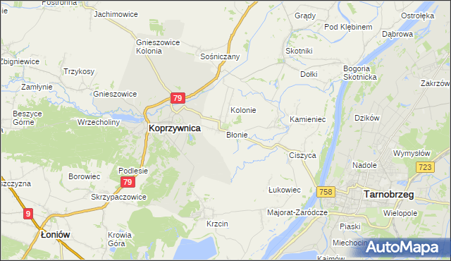 mapa Błonie gmina Koprzywnica, Błonie gmina Koprzywnica na mapie Targeo