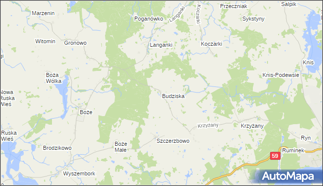 mapa Budziska gmina Mrągowo, Budziska gmina Mrągowo na mapie Targeo