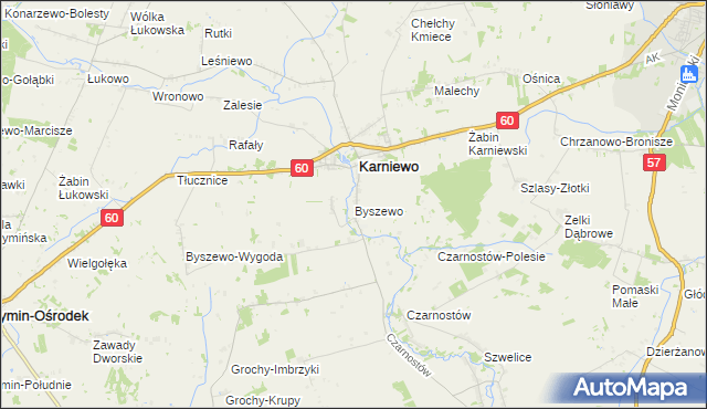 mapa Byszewo gmina Karniewo, Byszewo gmina Karniewo na mapie Targeo